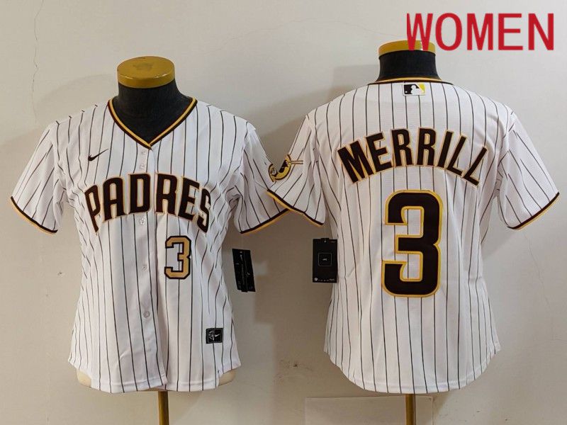 Women San Diego Padres #3 Merrill White stripe Nike Game 2024 MLB Jersey style 7261->youth mlb jersey->Youth Jersey